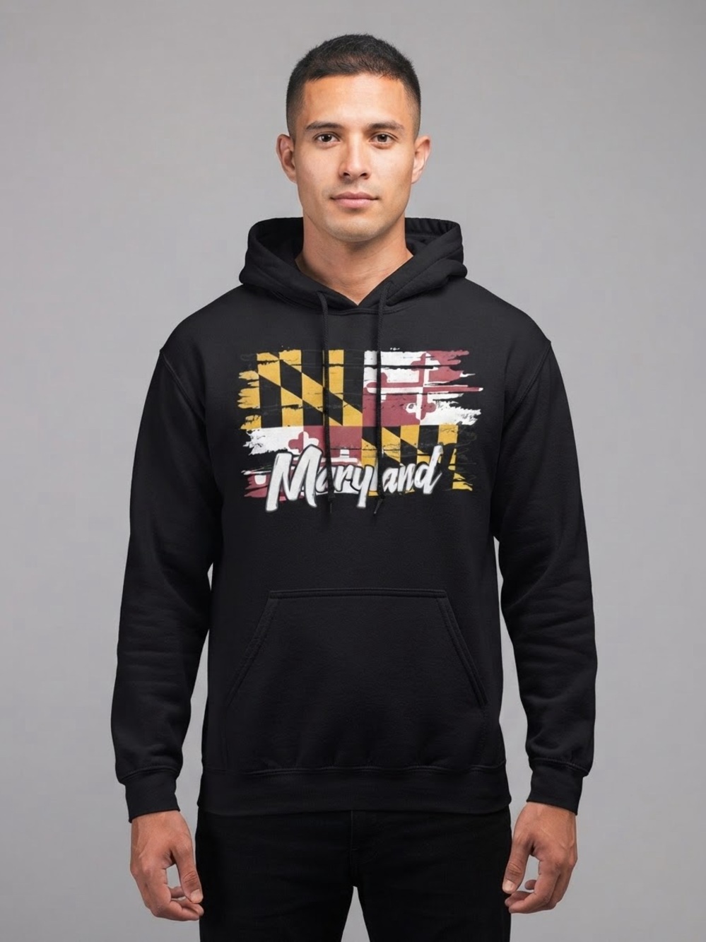 Maryland Flag Distressed Brushed Graphic Black Hoodie Pullover Sweatshirt Sz M